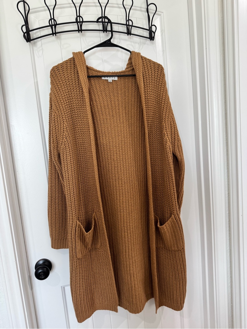 HYFVE Camel Open-Front Hooded Ribbed Cardigan